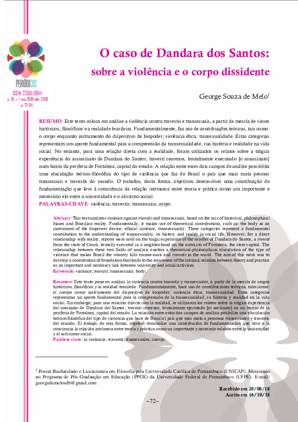 (PDF) O caso de Dandara dos Santos: sobre a violência e o corpo dissidente