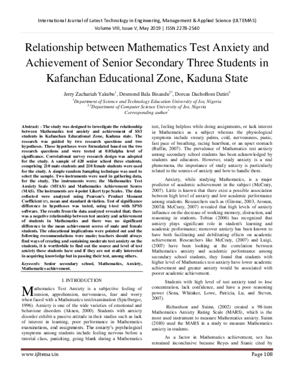 (PDF) Relationship between Mathematics test anxiety and achievement of ...