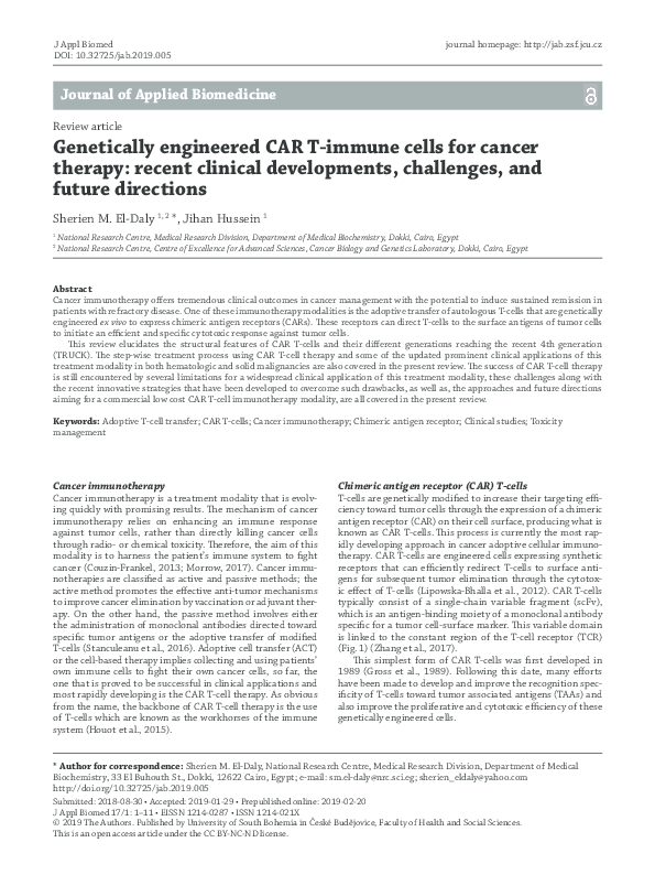 (PDF) Genetically engineered CAR T-immune cells for cancer therapy ...