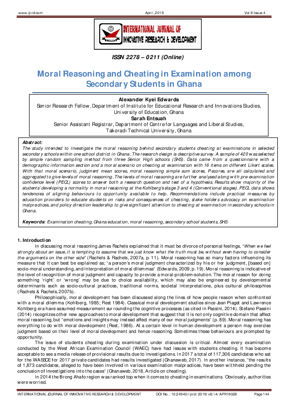(PDF) Moral Reasoning and Cheating in Examination among Secondary ...