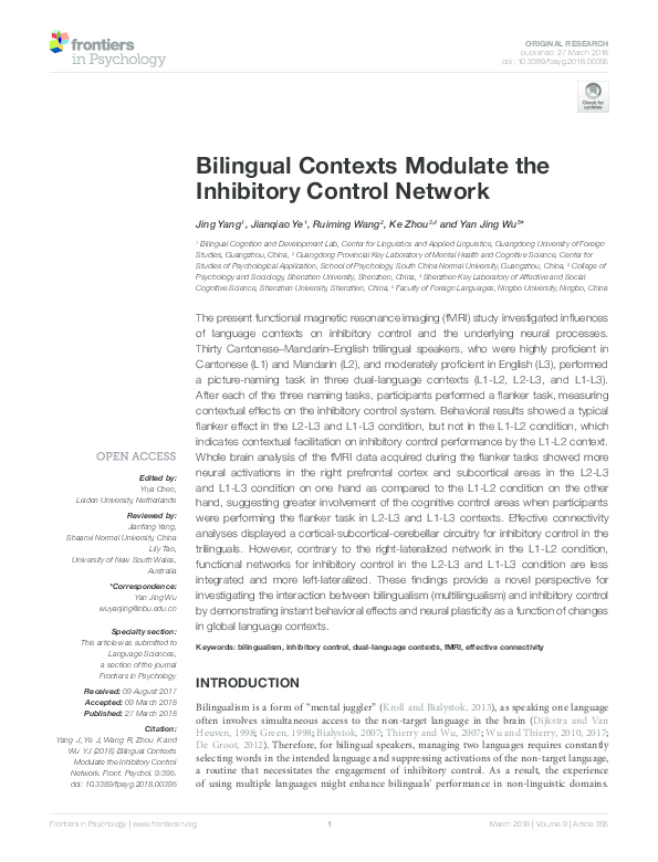 (PDF) Bilingual Contexts Modulate the Inhibitory Control Network