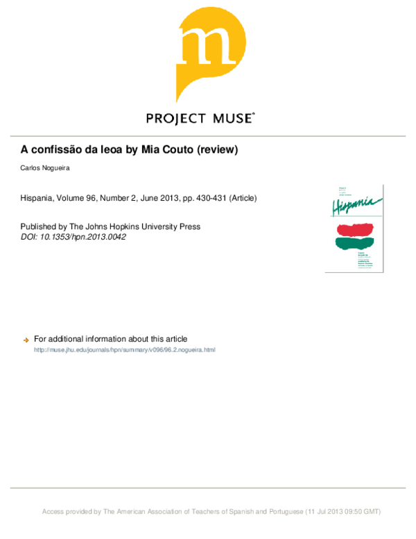 (PDF) Recensão: “Mia Couto, A Confissão da Leoa, Lisboa, Editorial ...