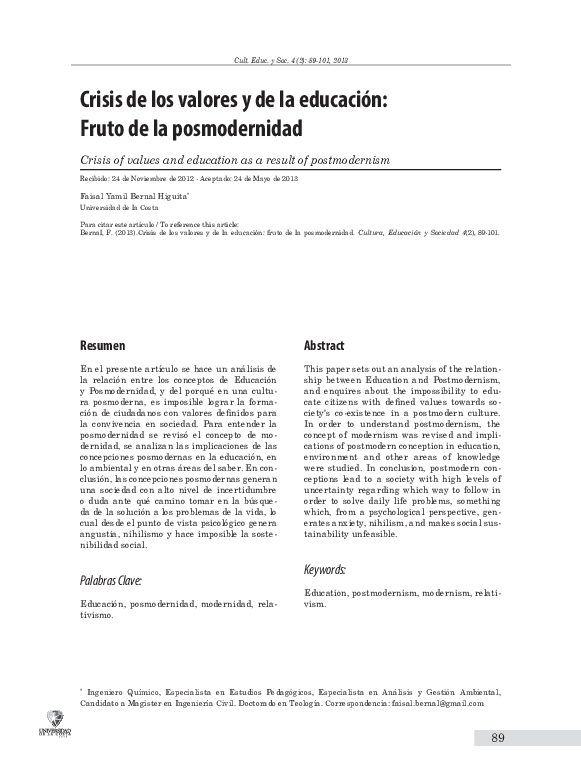 (PDF) Crisis de los valores y de la educación: Fruto de la ...