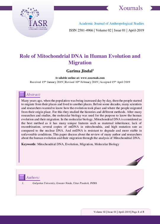 (PDF) Role of Mitochondrial DNA in Human Evolution and Migration
