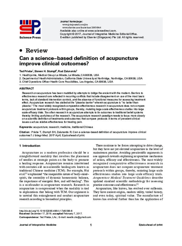 (PDF) Can a sciencebased definition of acupuncture improve clinical