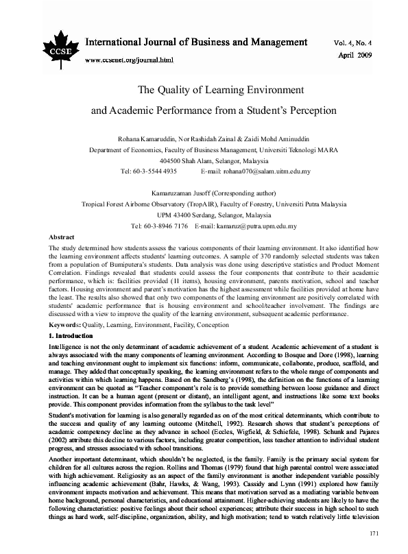 (PDF) The Quality of Learning Environment and Academic Performance from ...