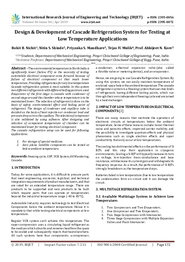 (PDF) IRJET Design & Development of Cascade Refrigeration System for