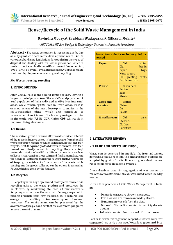 (PDF) IRJET- Reuse/Recycle of the Solid Waste Management in India