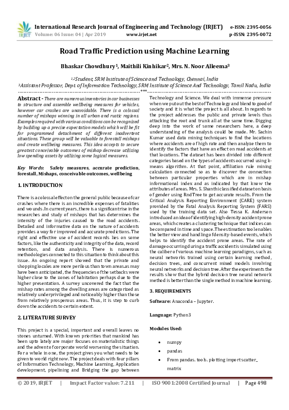 (PDF) IRJET- Road Traffic Prediction using Machine Learning