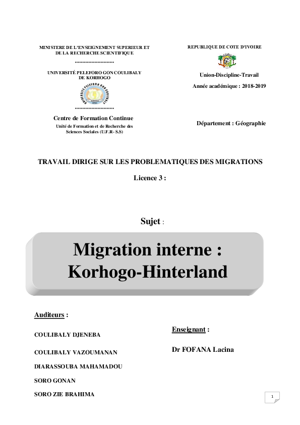 (PDF) Migration interne KorhogoHinterland MAHAMADOU DIARASSOUBA