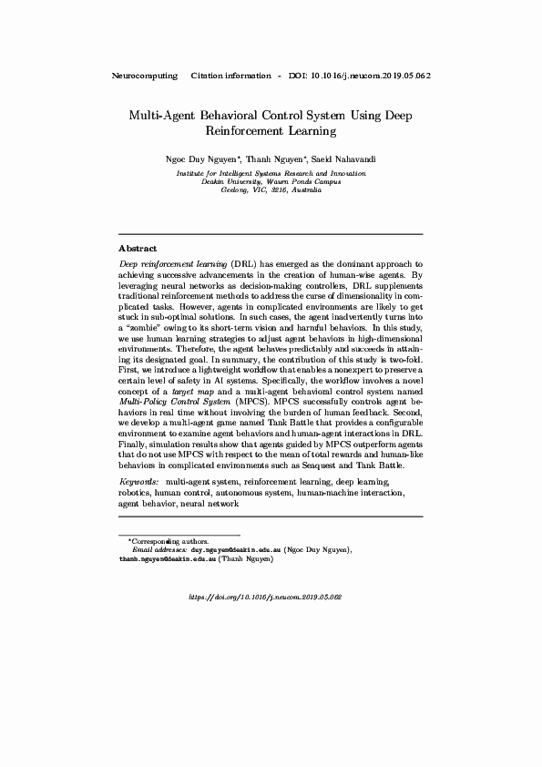 (PDF) Multi-Agent Behavioral Control System Using Deep Reinforcement ...