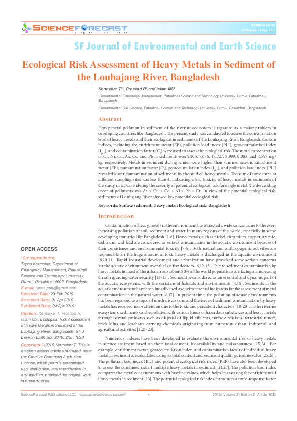 (PDF) Ecological Risk Assessment of Heavy Metals in Sediment of the ...