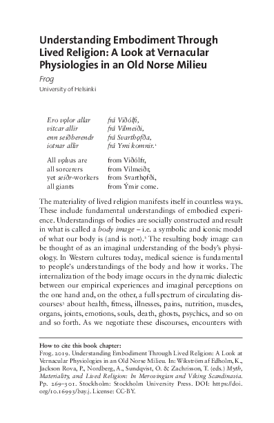 Understanding Embodiment through Lived Religion: A Look at Vernacular Physiologies in an Old Norse Milieu (with a Response by Margaret Clunies Ross)