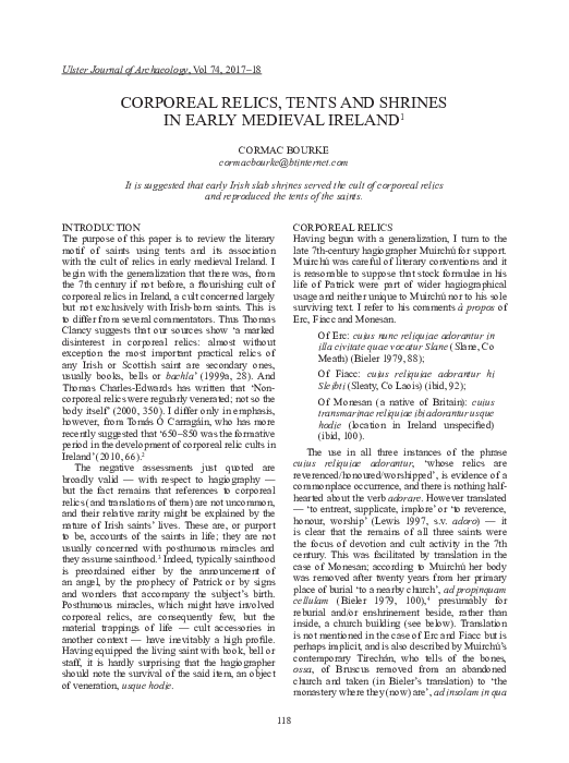 Corporeal relics, tents and shrines in early medieval Ireland
