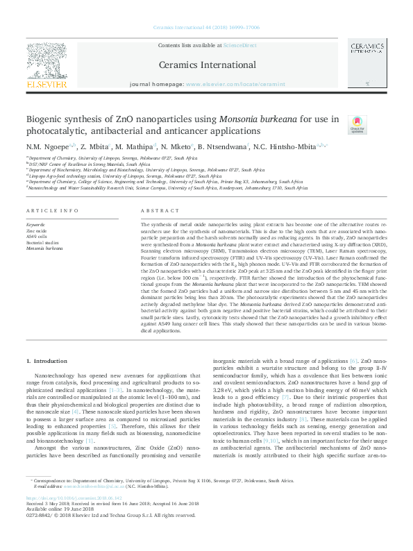 (PDF) Biogenic synthesis of ZnO nanoparticles using Monsonia burkeana ...