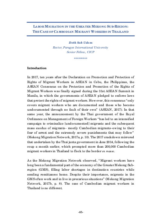 (PDF) LABOR MIGRATION IN THE GREATER MEKONG SUB-REGION: THE CASE OF ...