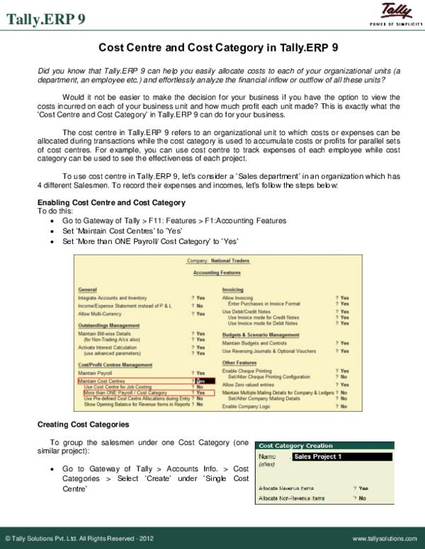 (PDF) Cost Centre and Cost Category in Tally.ERP 9 Tally Academy