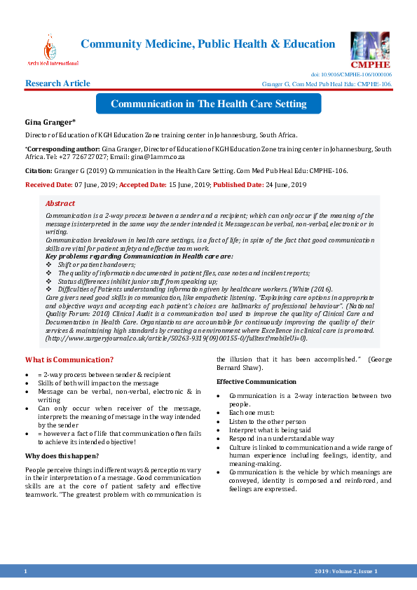 (PDF) Communication in the health care setting