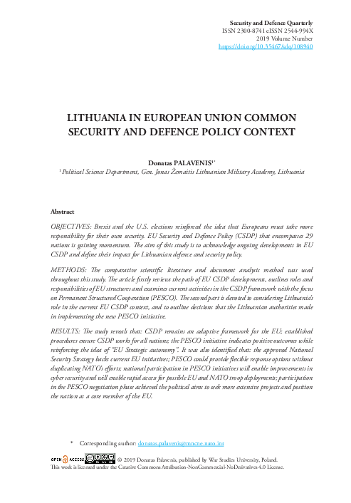 (PDF) LITHUANIA IN EUROPEAN UNION COMMON SECURITY AND DEFENCE POLICY ...