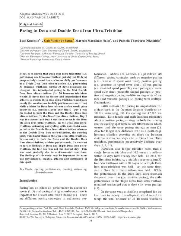 (PDF) Pacing in Deca and Double Deca Iron UltraTriathlon