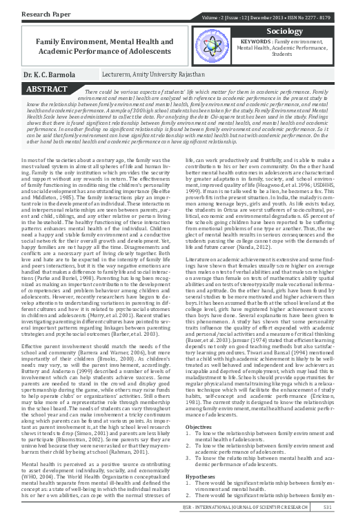 (PDF) FAMILY ENVIRONMENT, MENTAL HEALTH AND ACADEMIC PERFORMANCE OF ...