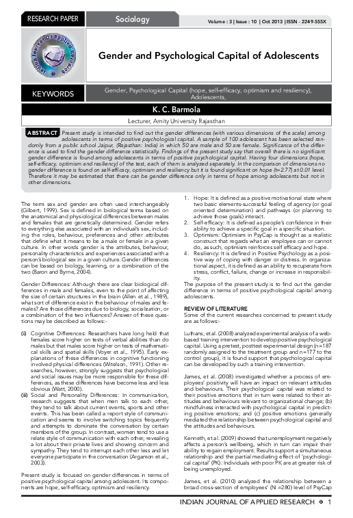 (PDF) Gender and Psychological Capital of Adolescents