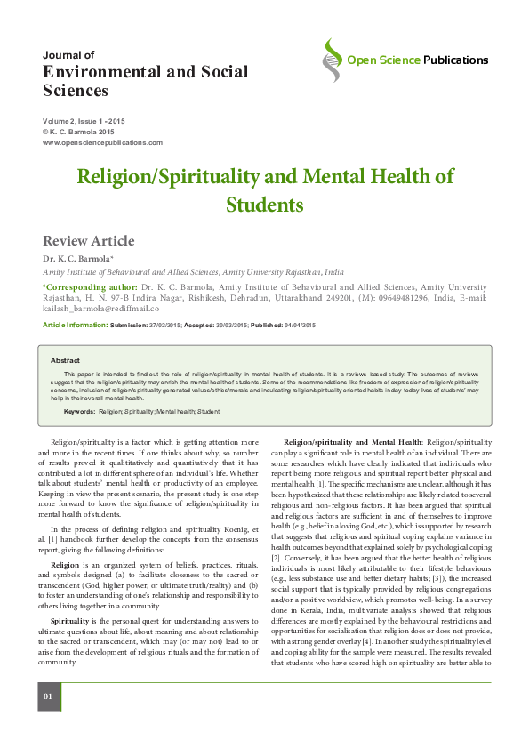 (PDF) Religiosity spirituality and mental health of students