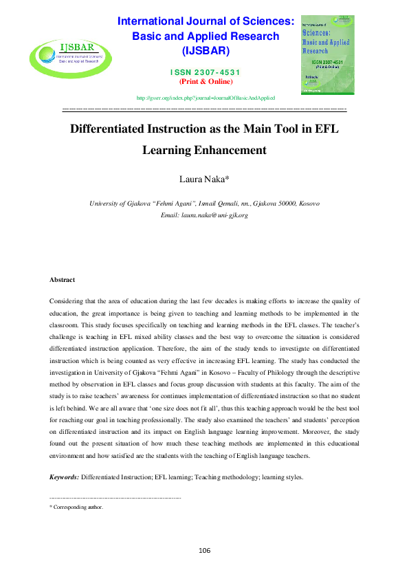 (PDF) Differentiated Instruction as the Main Tool in EFL Learning ...