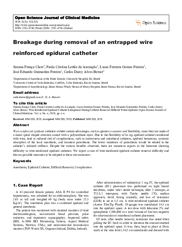 (PDF) Wire Reinforced Epidural Catheter Entrapment During Catheter