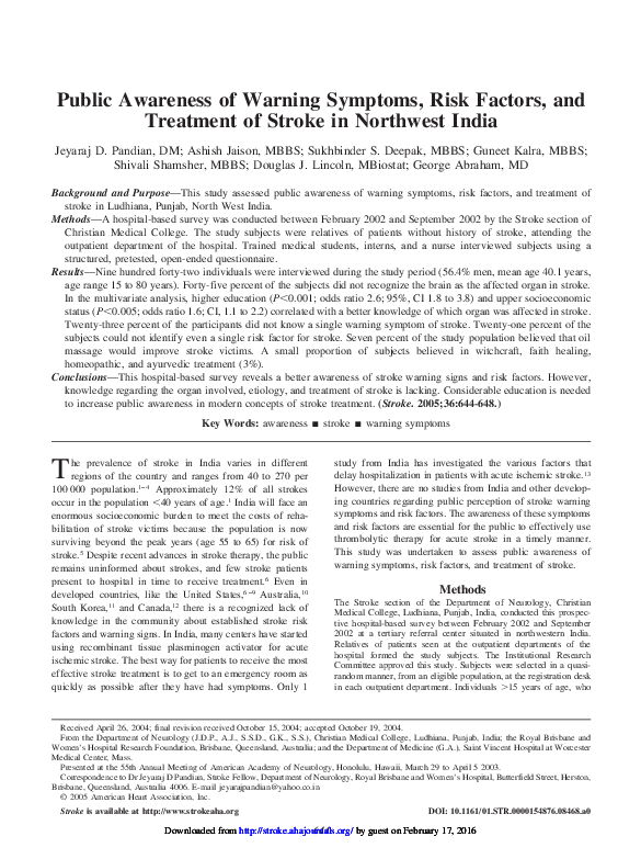 (PDF) Public Awareness of Warning Symptoms, Risk Factors, and Treatment ...