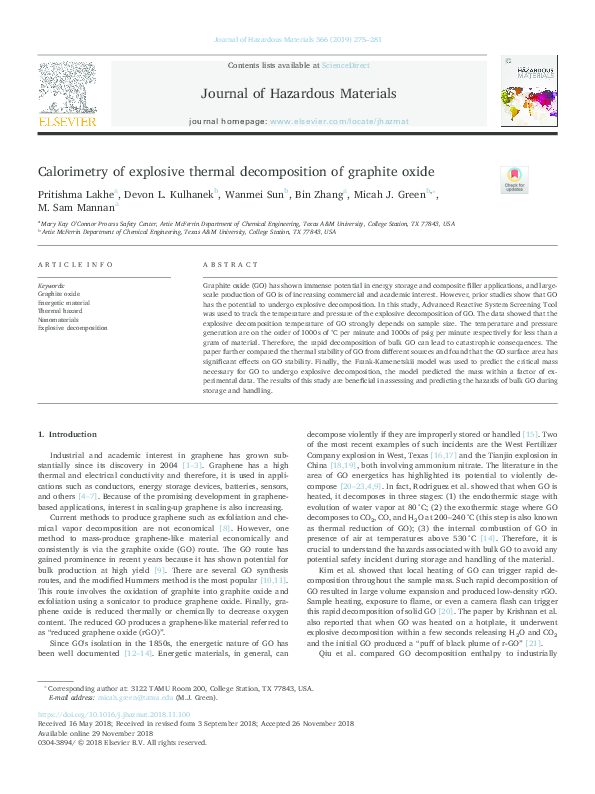 (PDF) Calorimetry of explosive thermal of graphite oxide