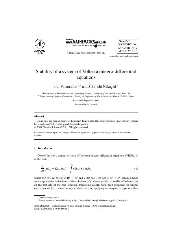 (PDF) Stability of a system of Volterra integro-differential equations