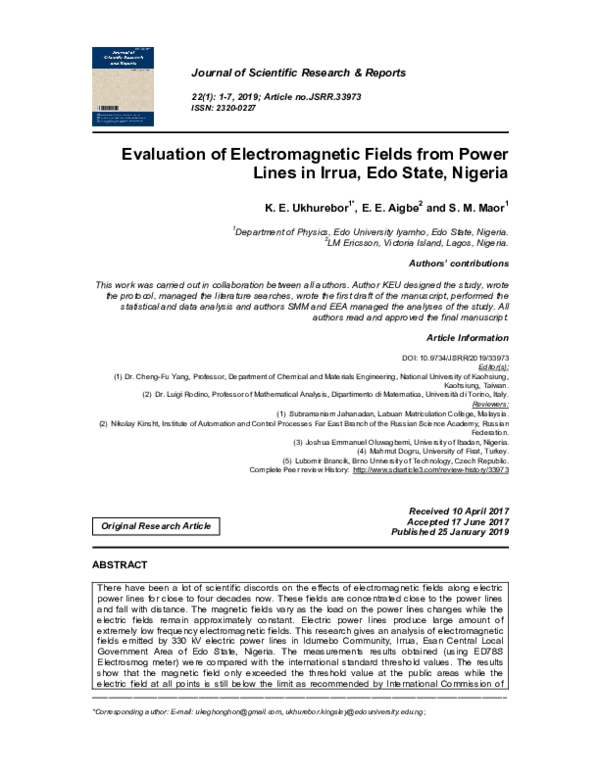 (PDF) Evaluation of Electromagnetic Fields from Power Lines in Irrua ...