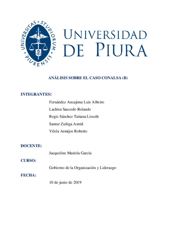 (DOC) ANÁLISIS SOBRE EL CASO CONALSA (B) INTEGRANTES