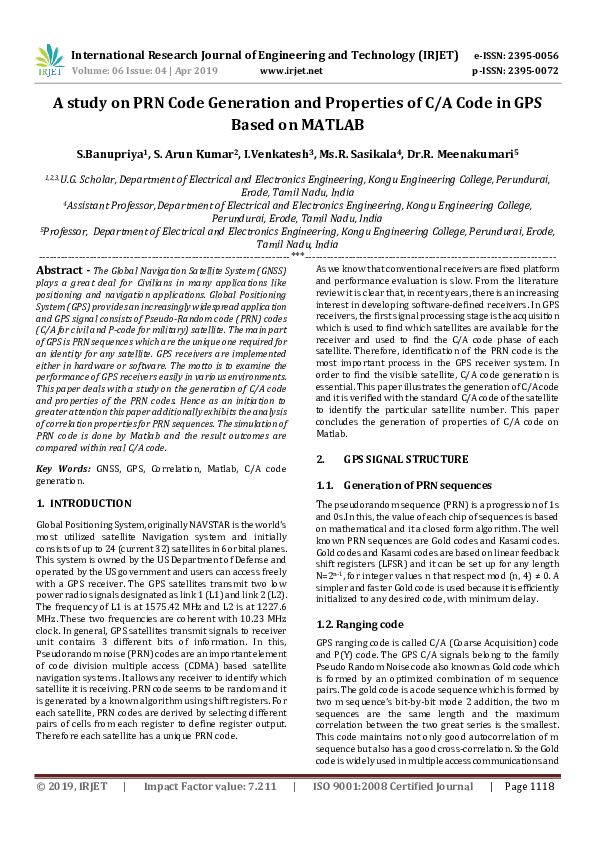 (PDF) IRJET A study on PRN Code Generation and Properties of C/A Code