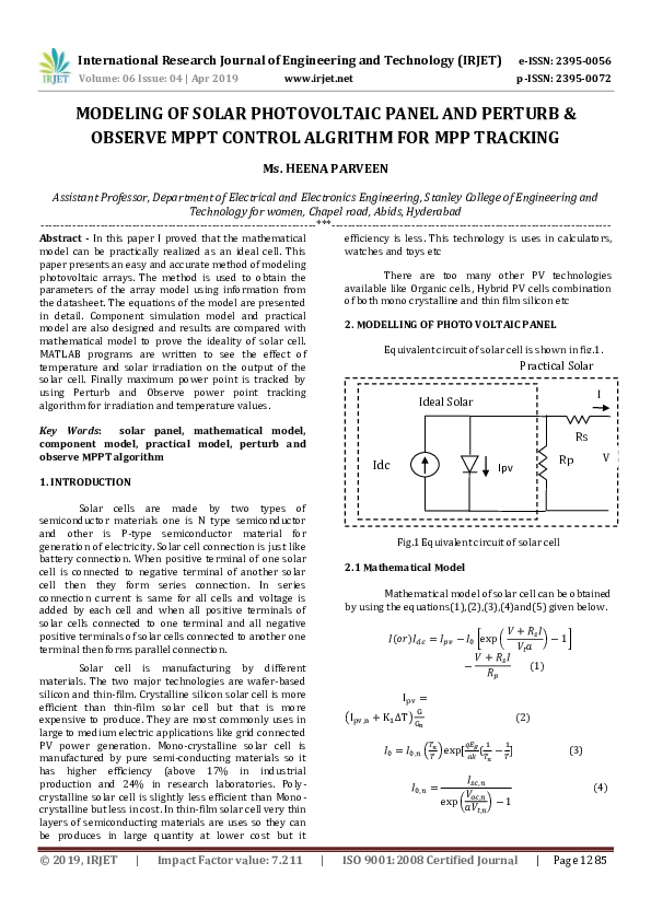 (PDF) IRJET- MODELING OF SOLAR PHOTOVOLTAIC PANEL AND PERTURB & OBSERVE ...