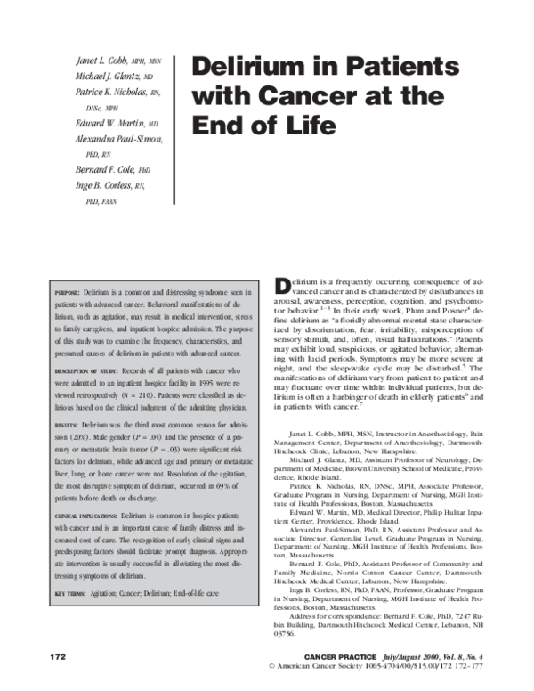 (PDF) Delirium in Patients with Cancer at the End of Life | Inge ...