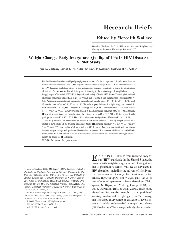 (PDF) Weight change, body image, and quality of life in HIV disease: A ...