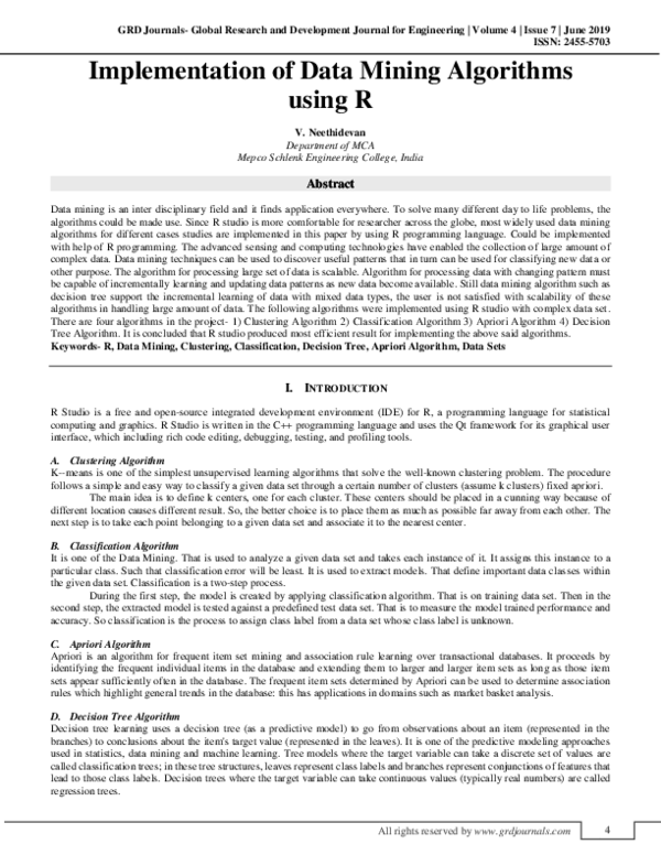 (PDF) Implementation of Data Mining Algorithms using R