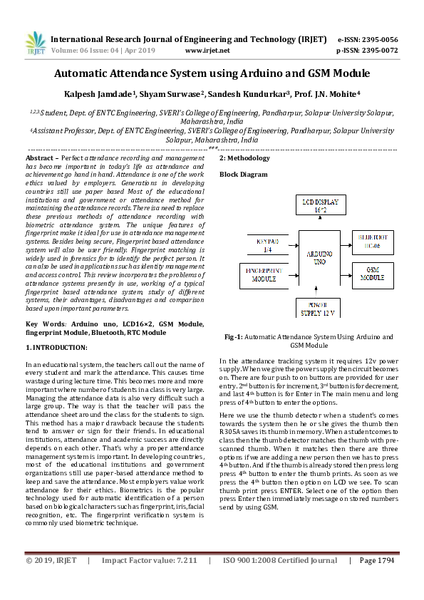 (PDF) Automatic Attendance System using Arduino and GSM Module