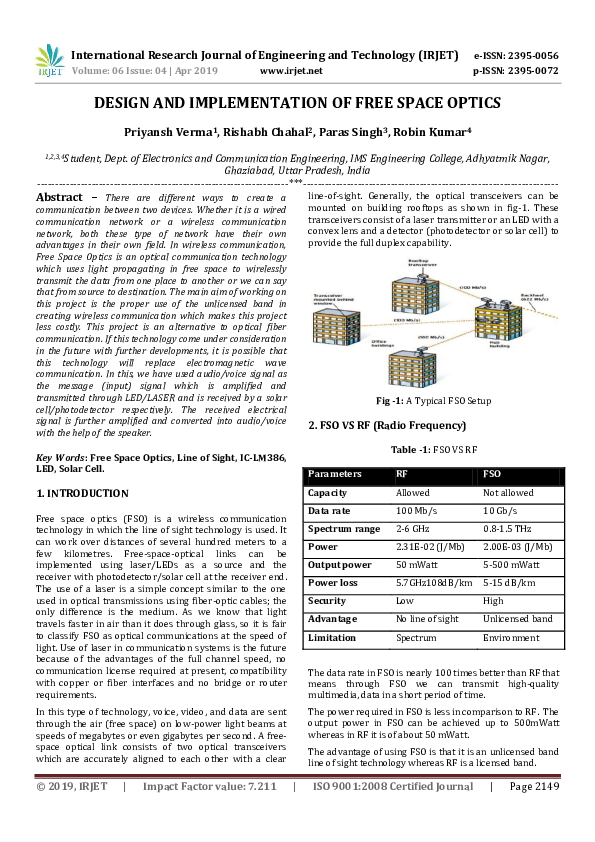 (PDF) IRJET- DESIGN AND IMPLEMENTATION OF FREE SPACE OPTICS