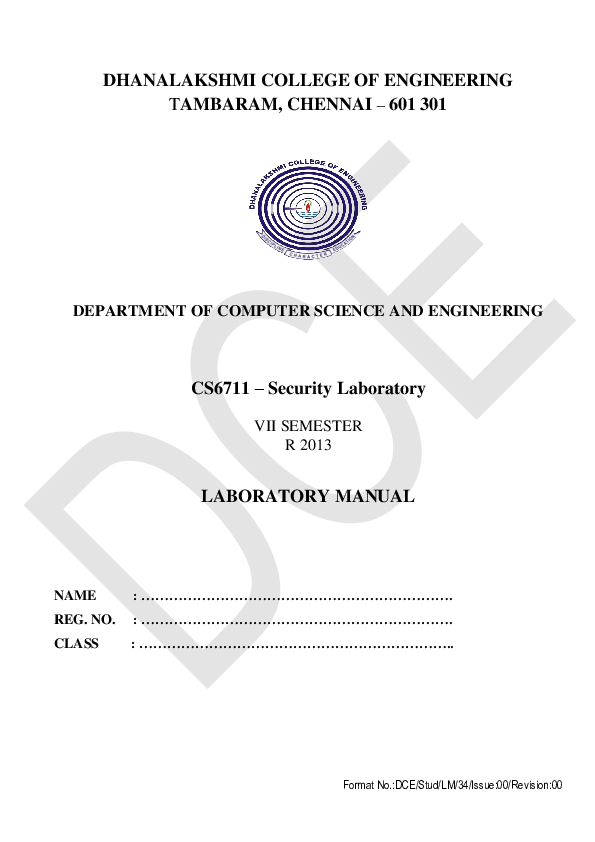 (PDF) CS6711 Security Laboratory LABORATORY MANUAL senthil s
