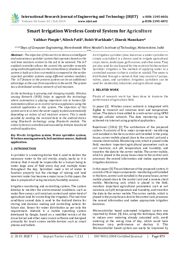 (PDF) IRJET- Smart Irrigation Wireless Control System for Agriculture