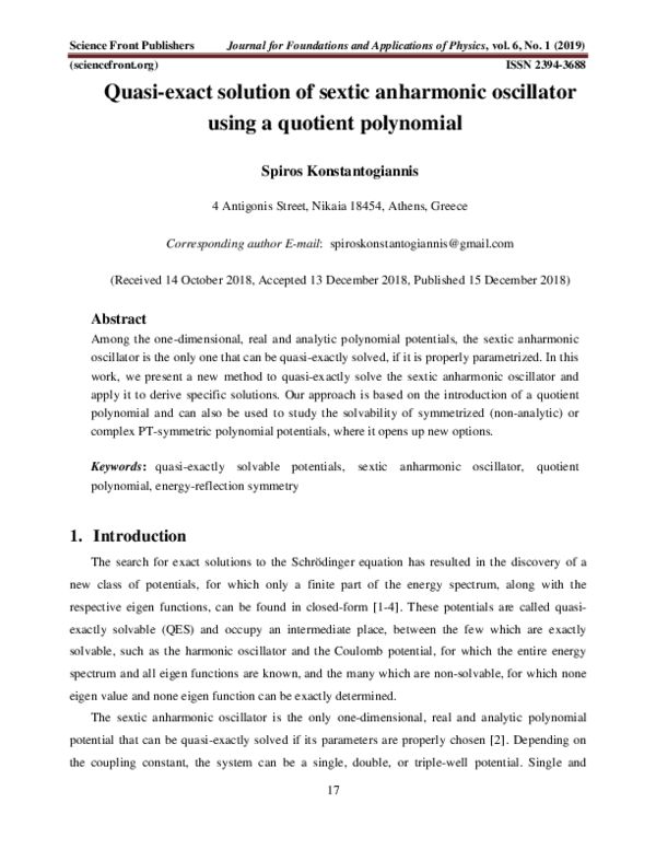 (PDF) Quasi-exact solution of sextic anharmonic oscillator using a ...