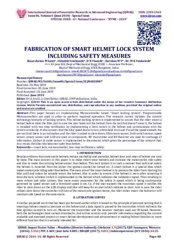 Pdf Fabrication Of Smart Helmet Lock System Including Safety Measures