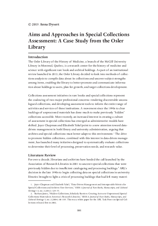 (PDF) Aims and Approaches in Special Collections Assessment: A Case ...