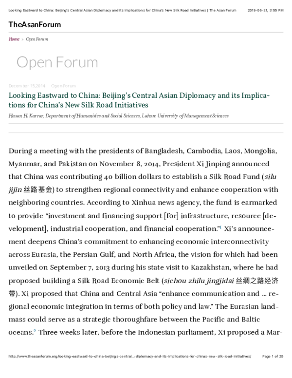 (PDF) Looking Eastward to China: Beijing’s Central Asian Foreign Policy ...