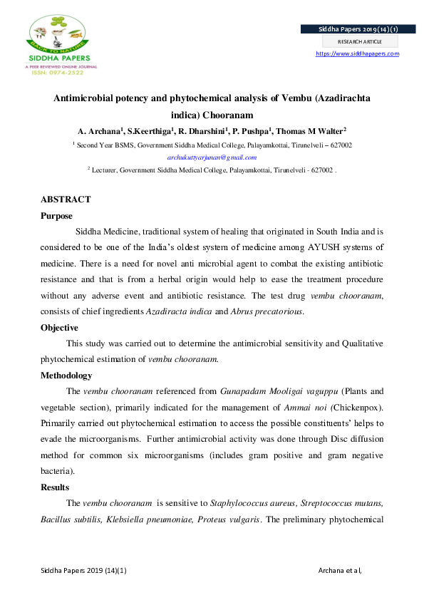 (PDF) Antimicrobial potency and phytochemical analysis of Vembu ...