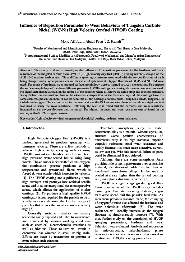 (PDF) Influence of Deposition Parameter to Wear Behaviour of Tungsten