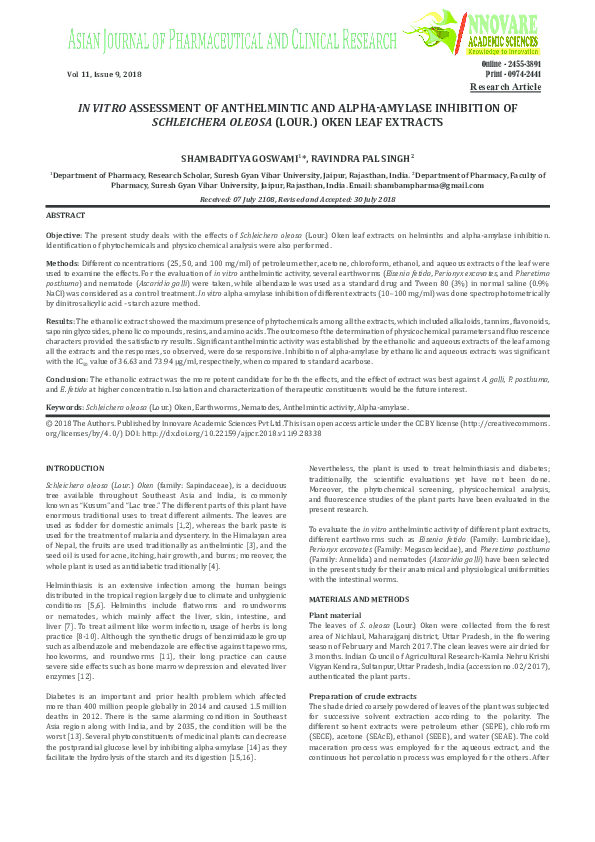 (PDF) IN VITRO ASSESSMENT OF ANTHELMINTIC AND ALPHA-AMYLASE INHIBITION ...